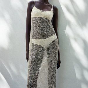 NWT GOLD BEADED SEMI SHEER SEQUIN FITTED DRESS